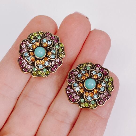 VTG Signed Heidi Daus Gold Tone Floral Clip On Earrings Glass Rhinestone Vibrant - Picture 2 of 9